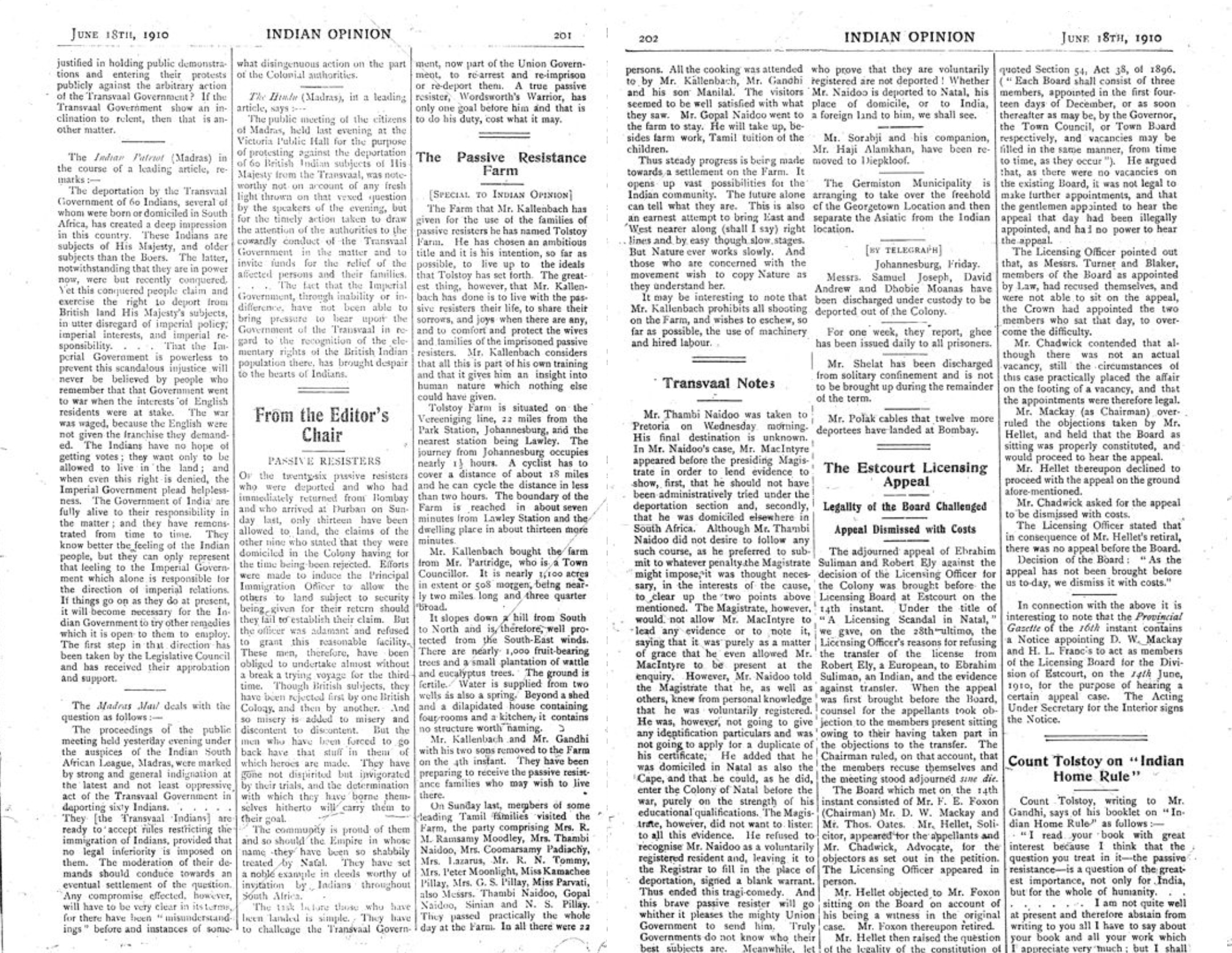 "The Passive Resistance Farm" essay in Indian Opinion (June 18, 1910)