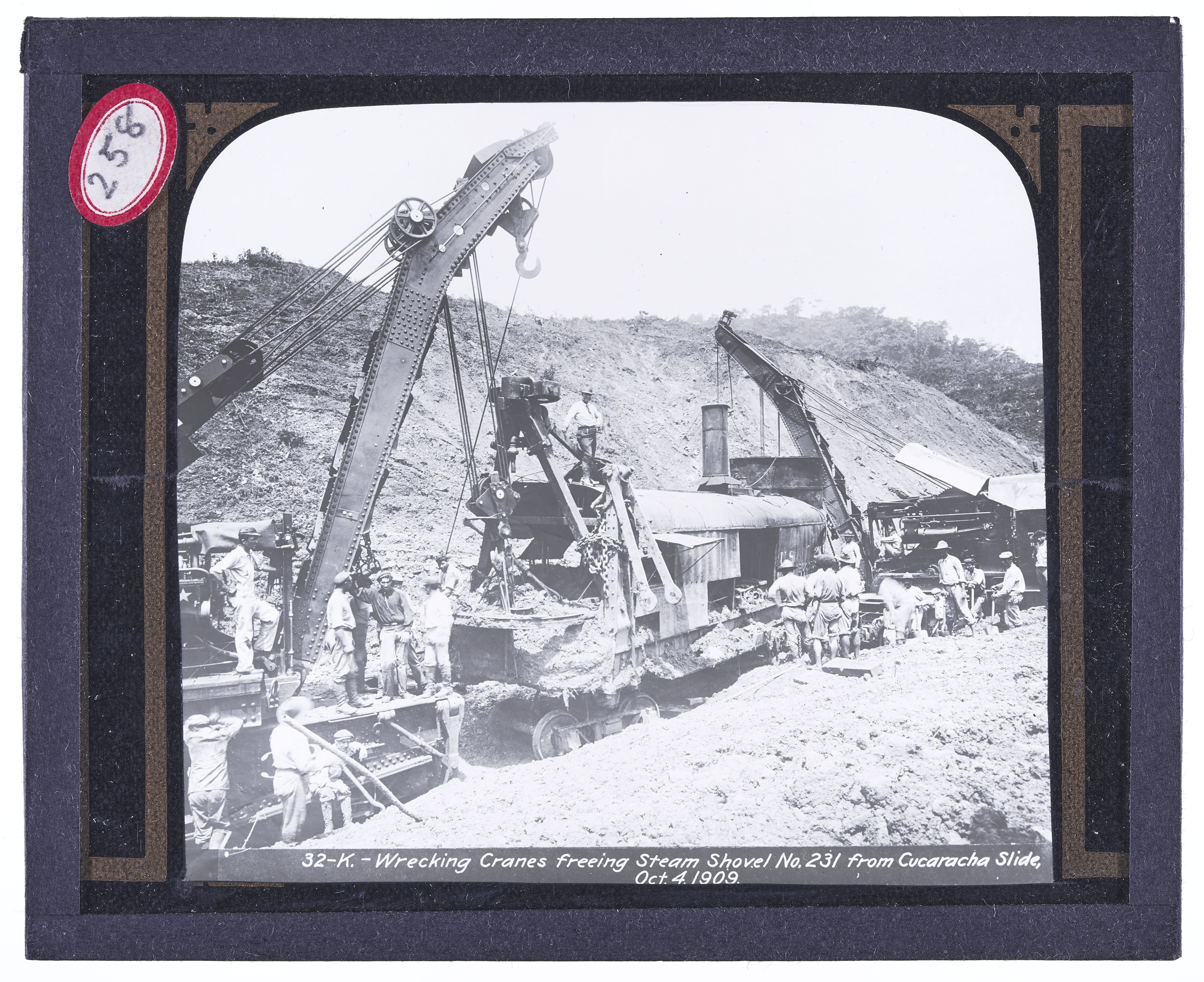 Wrecking cranes freeing steam shovel No. 231 from Cucaracha slide, Oct. 4, 1909